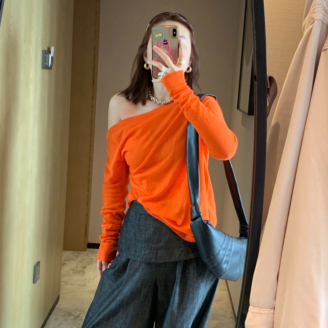 超级显白一字领常规打底衫修身长袖修身型纯色韩版露肩T恤