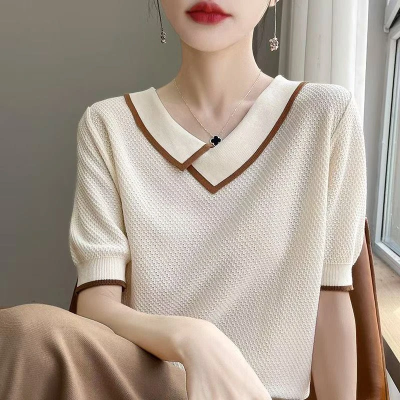 小斜方领莱赛尔天丝短袖T恤女士2025夏装宽松显瘦拼色百搭针织
