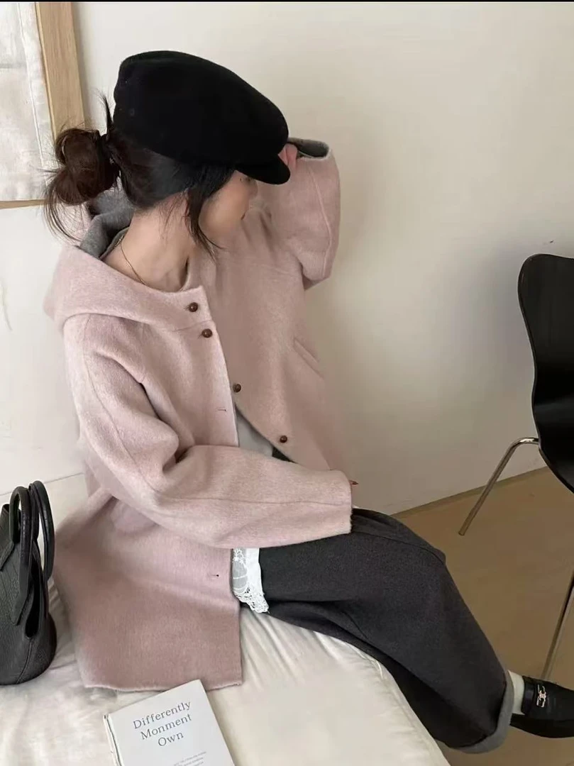 2025韩系中长款戴帽款双面呢 双面双色羊毛大衣