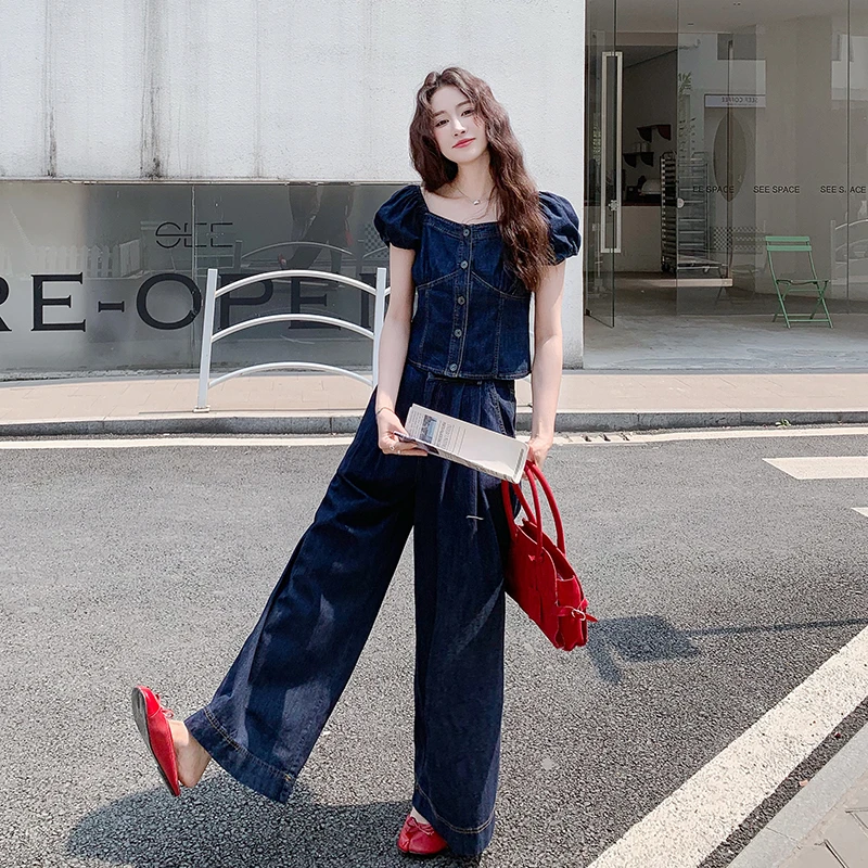 牛仔蓝纯欲露肩泡泡袖牛仔套装女2025年夏季新款上衣阔腿裤两件套
