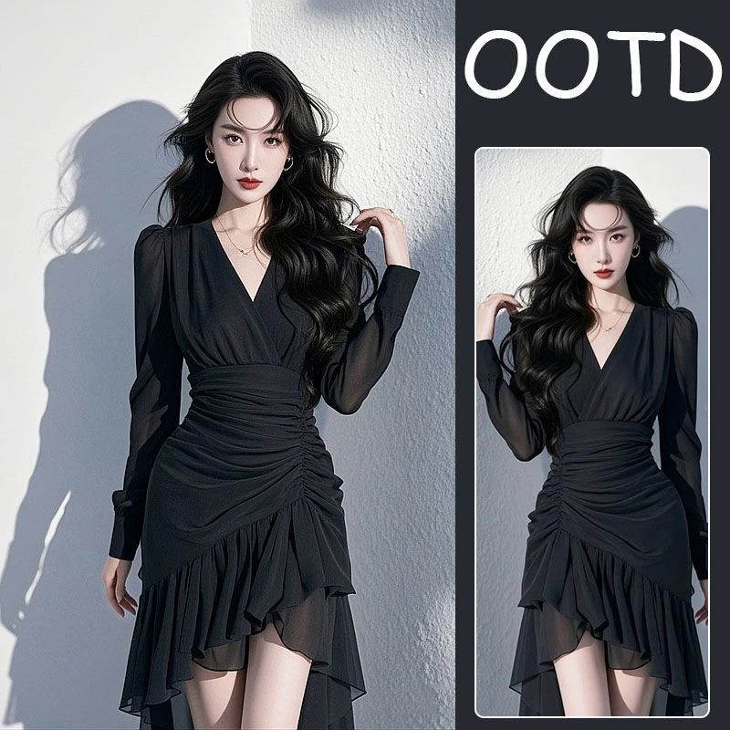 2025春装新款法式气质大方得体高级感赫本风收腰黑色雪纺连衣裙子