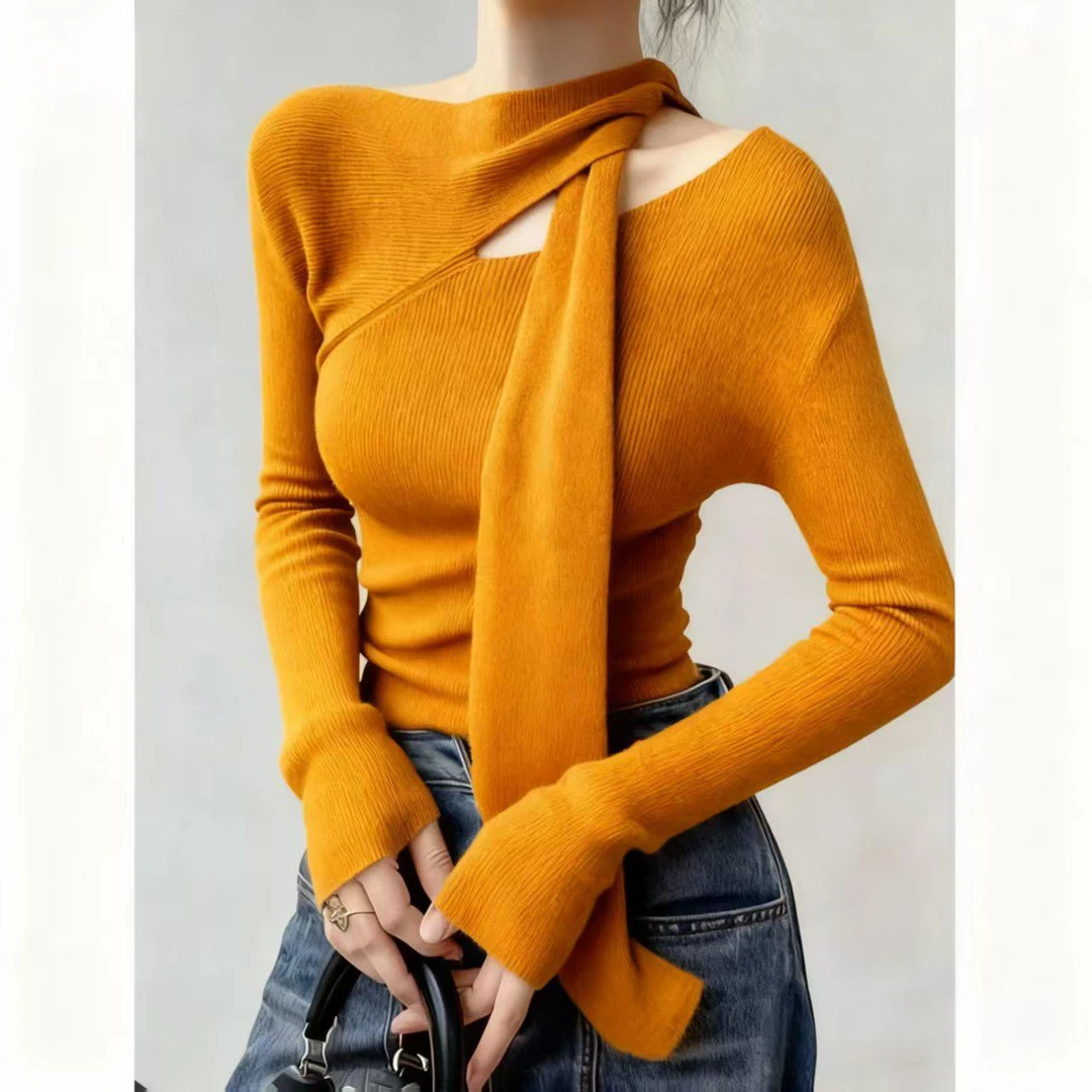 秋季独特超好看单穿上衣法式小众设计感洋气减龄通勤风橘色针织衫
