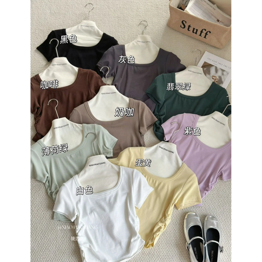 法式短袖t恤女夏季2025新款正肩修身设计感方领锁骨上衣6510#0.2