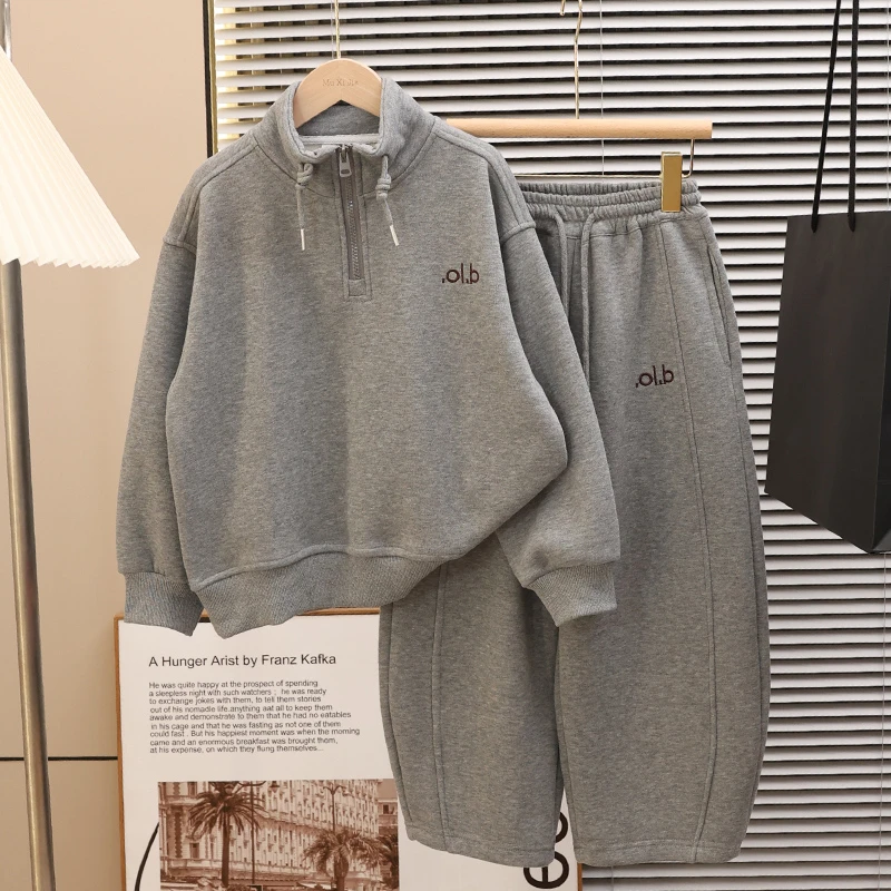 男女童加绒卫衣2025新款儿童秋冬装套装加厚半拉链休闲宽松帅气潮