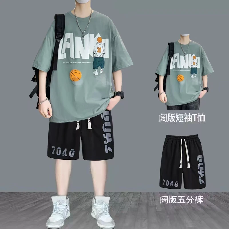 100%纯棉时尚休闲运动套装短裤短袖T恤帅气男士中学生夏季青少年
