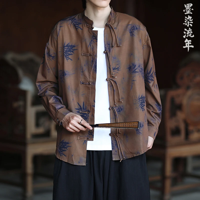 新中式潮牌唐装长袖衬衫男中国风春季复古印花小众设计感汉服外套