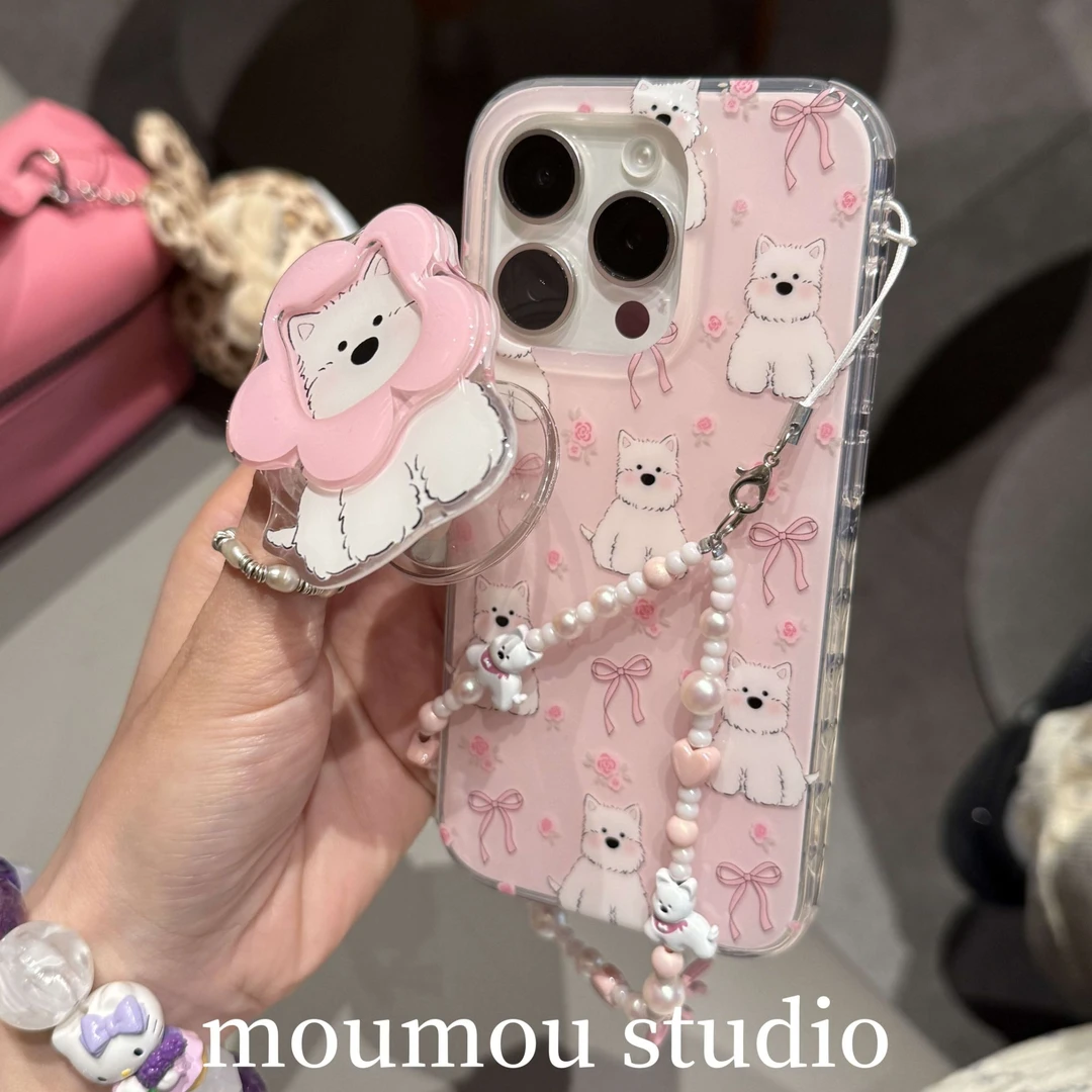 少女粉碎花蝴蝶结西高地适用苹果16手机壳iphone15可爱14promax13