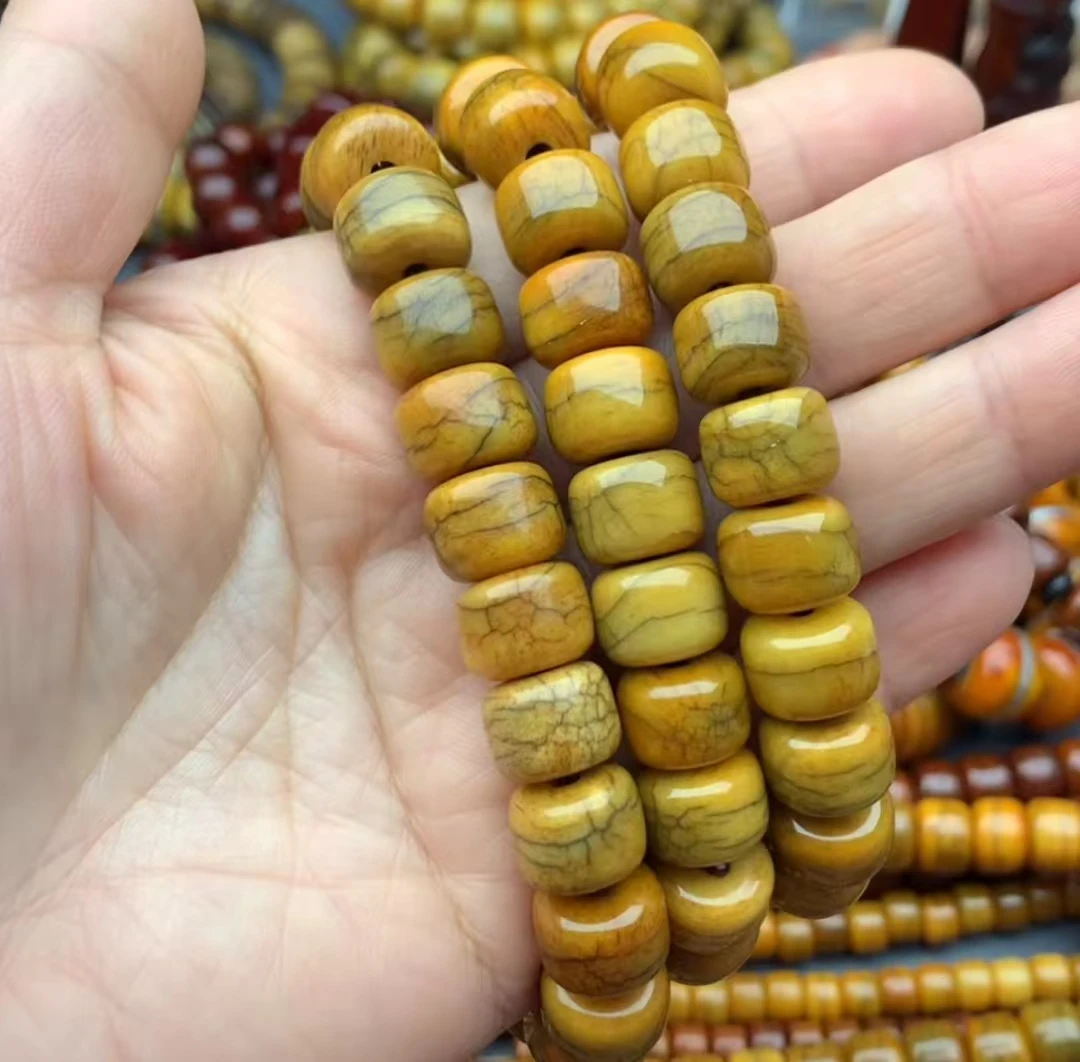 非金属皮质手链 时尚民族风雕刻桶珠素圈手串黄色复古藏式经典3圈