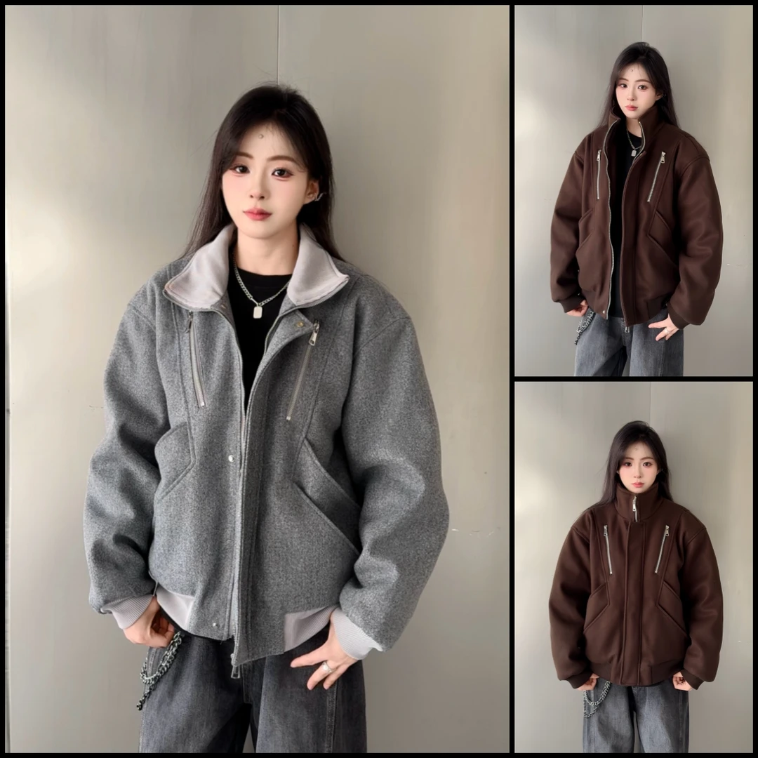 AT 2025冬季复古毛呢哈灵顿休闲短款宽松夹克外套男棉服男百搭