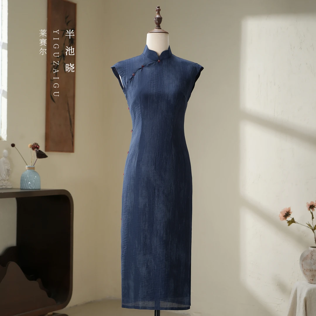 半池晓一顾再顾旗袍裙子女款爆款2025新款蓝色无袖新中式改良日常