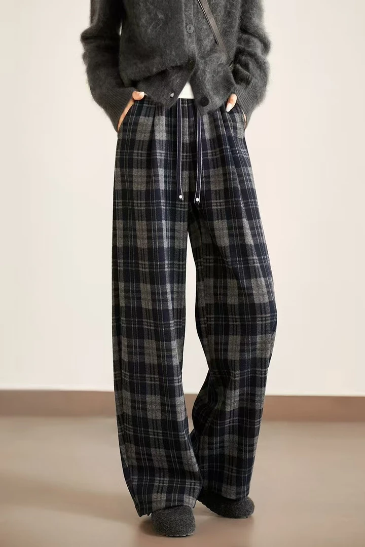 早秋新款气质简约时尚复古百搭棋盘格纹直筒裤H8989