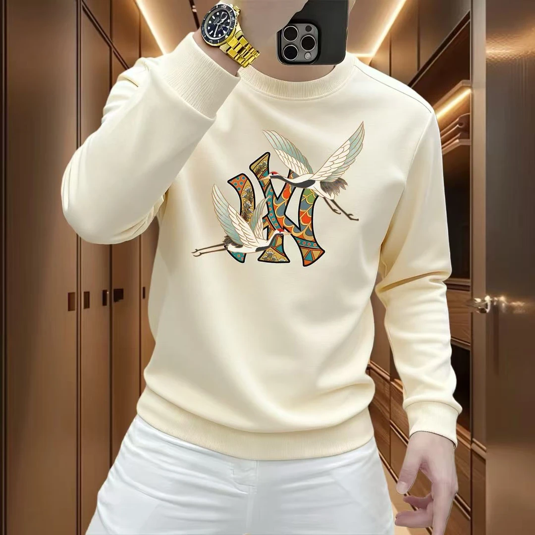 秋冬季男士长袖卫衣休闲时尚新款百搭圆领印花加绒加厚套头上衣WY