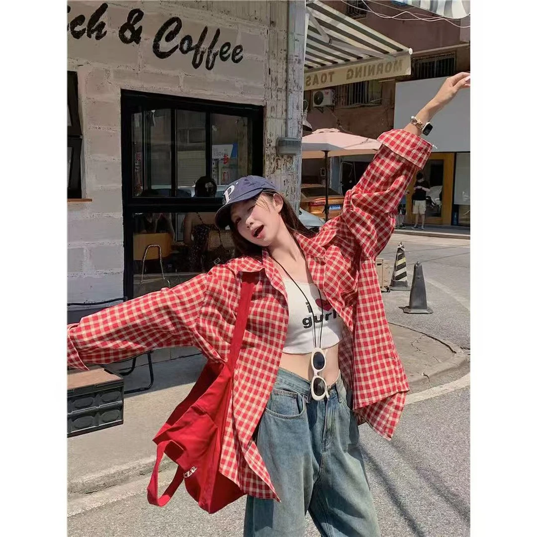 复古红色格子春秋长袖新款红色衬衫休闲外套百搭宽松叠穿衬衣上衣