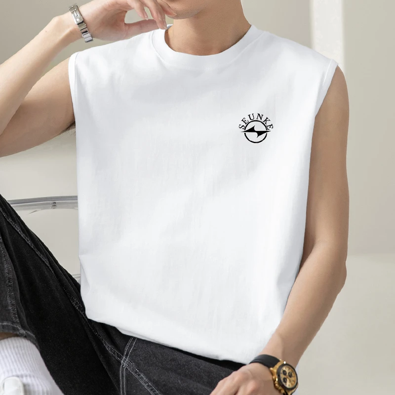 纯棉背心男潮夏季健身跨栏运动篮球白色坎肩宽肩全棉无袖t恤汗衫