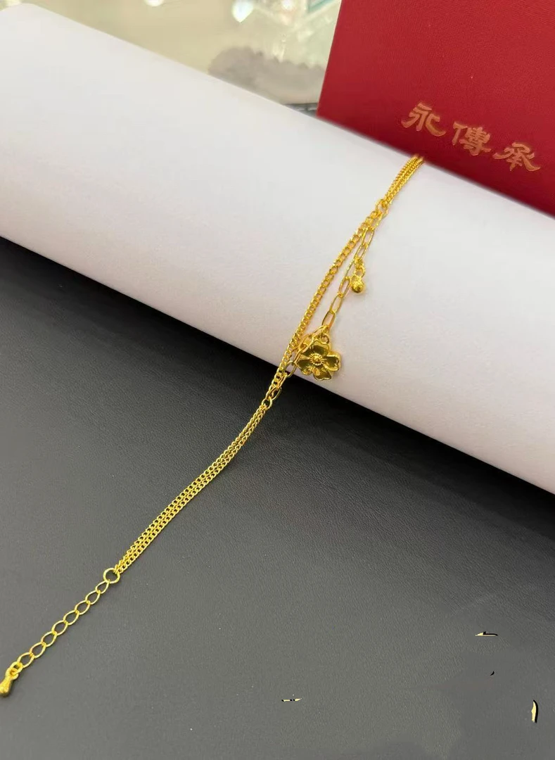 足银银制品 镀金银花朵双层手链