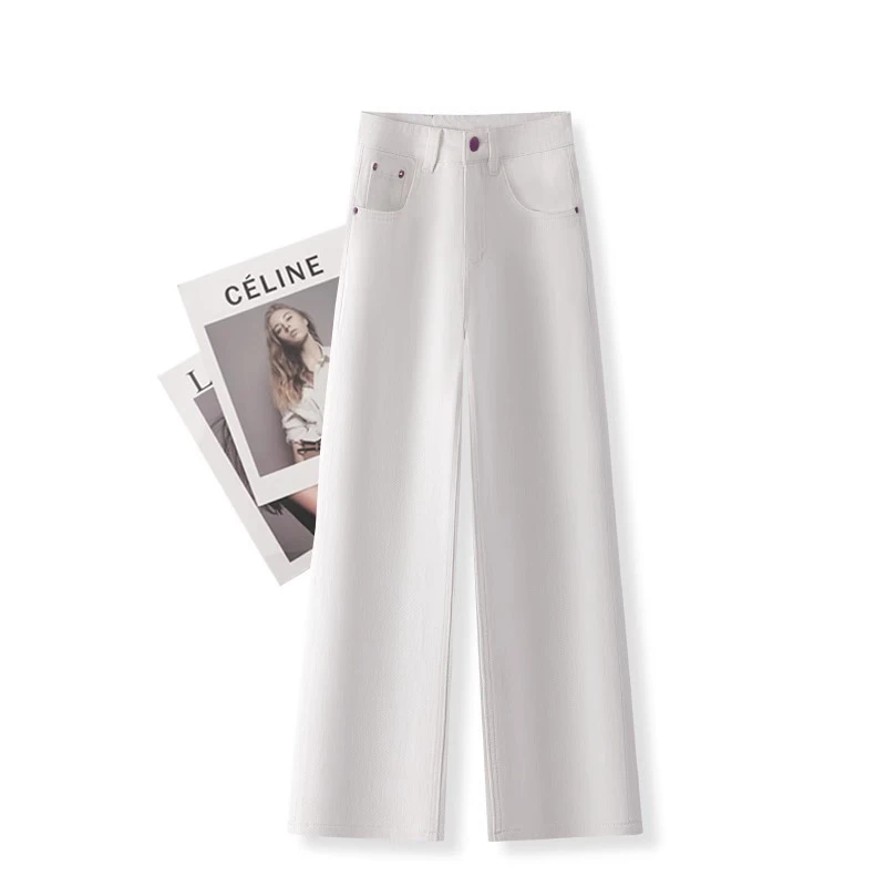 白色紫色撞色直筒阔腿牛仔裤夏季弹力高腰显瘦垂坠感直筒裤子