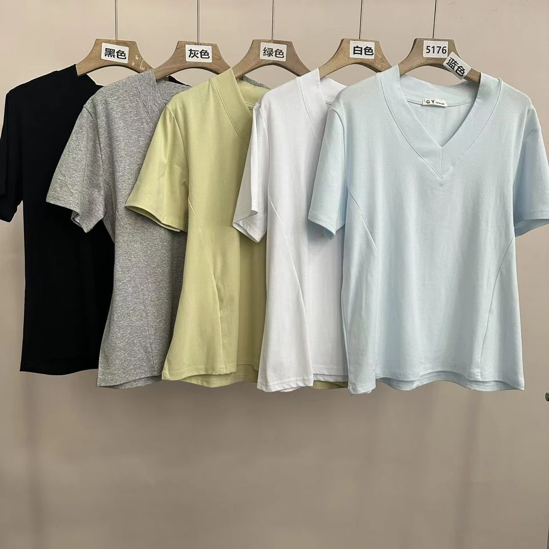 5176号#6655#纯色简约休闲百搭V领短袖上衣T