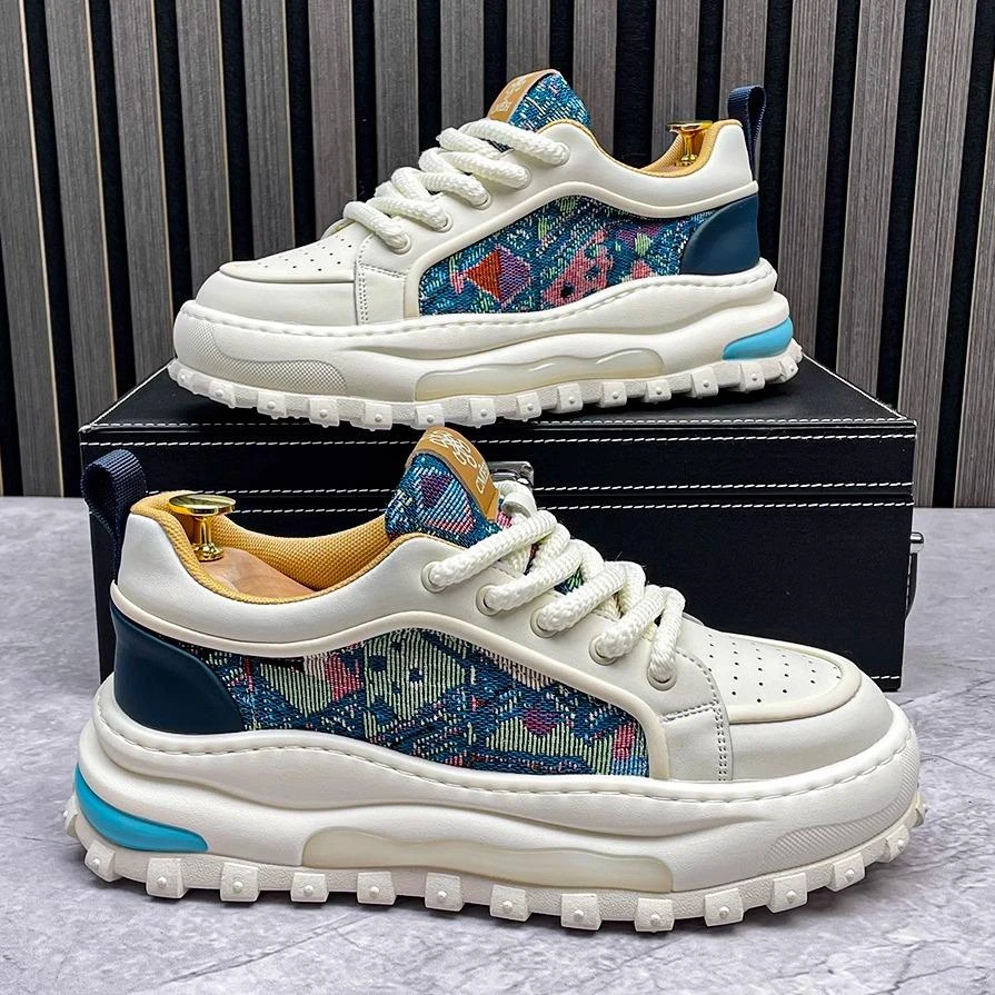 国风刺绣老爹鞋男款2025夏季透气男鞋舒适百搭厚复透气牛皮男板鞋