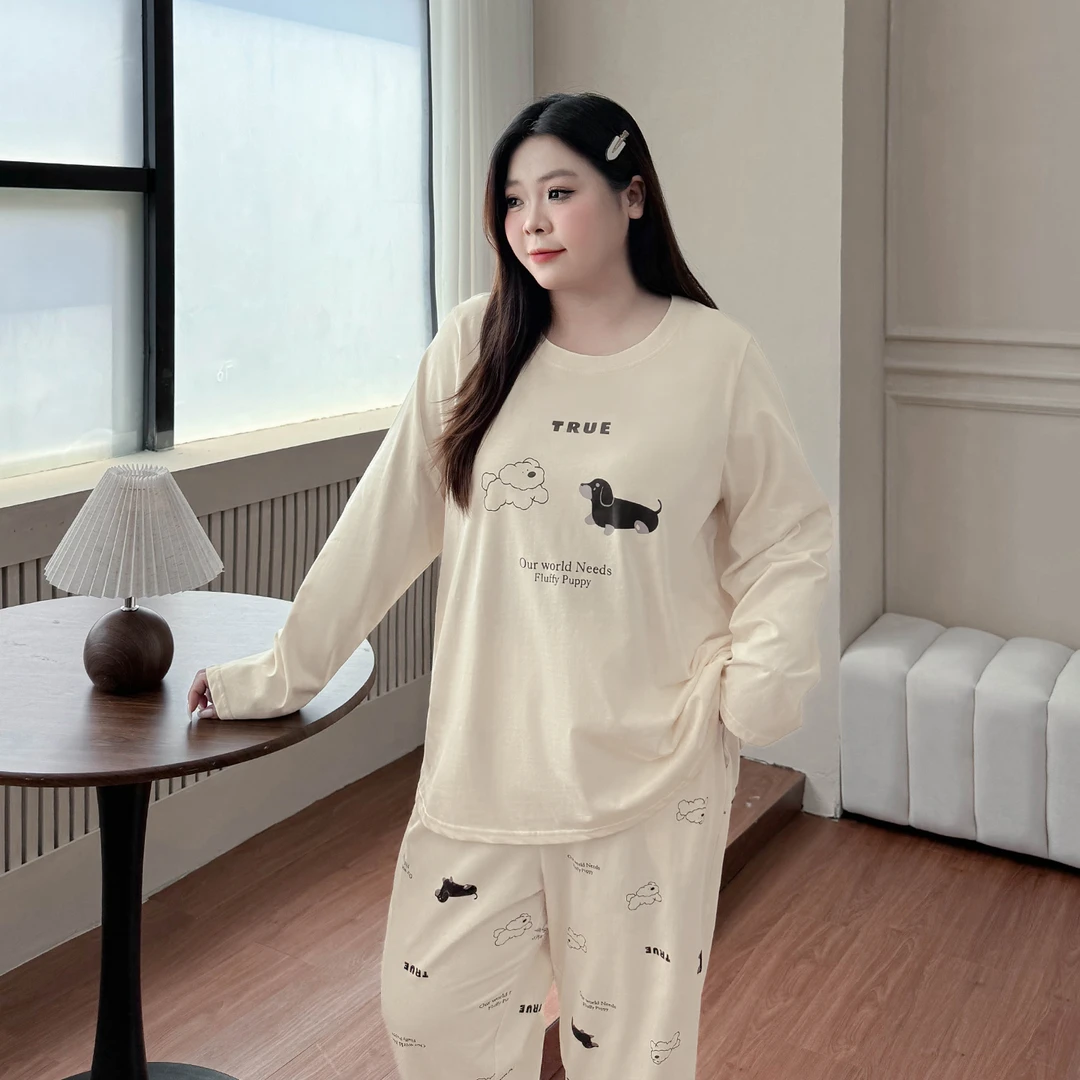 TZ8373大码女装【可爱卡通睡衣】秋冬季小狗印花T恤裤子家居服套装