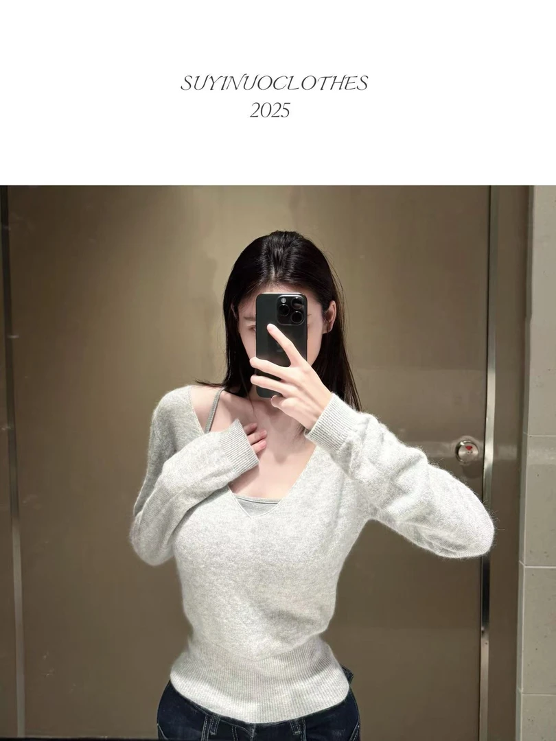 慵懒温柔风V领收腰羊毛衫上衣女2025秋新款内搭显瘦长袖毛衣