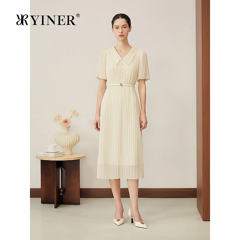 YINER音儿专选2025夏季新款法式刺绣蕾丝V领压褶H型轻薄连衣裙