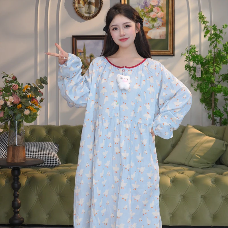 夏季大码纯棉双层棉纱睡裙女士可外出穿孕妈妈200斤家居长连衣裙