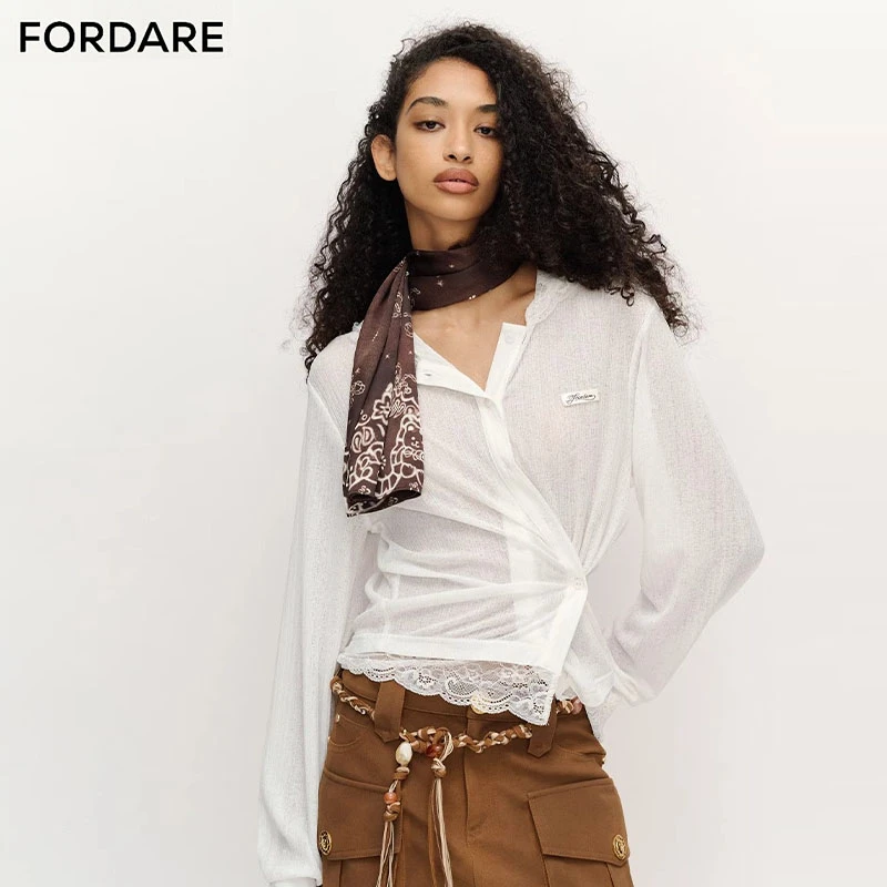 FORDARE/福蝶25春夏蕾丝拼接连帽开衫