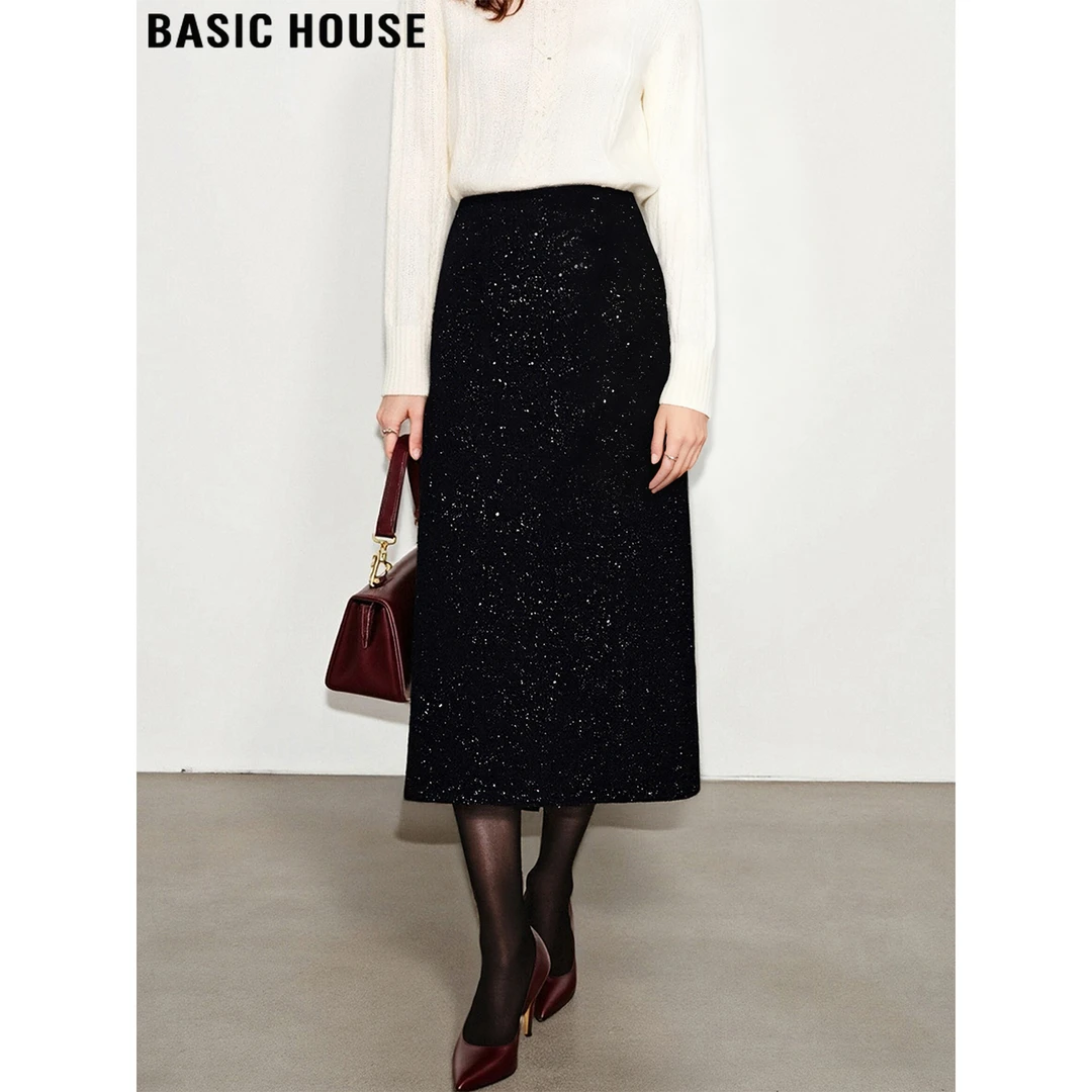 Basic House/百家好黑色亮片半身裙女冬高级感直筒a字包臀裙
