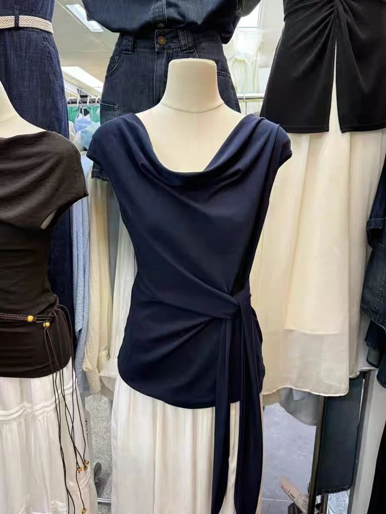 无袖T恤法式绑带拼贴/拼接设计感小众荡领女士收腰