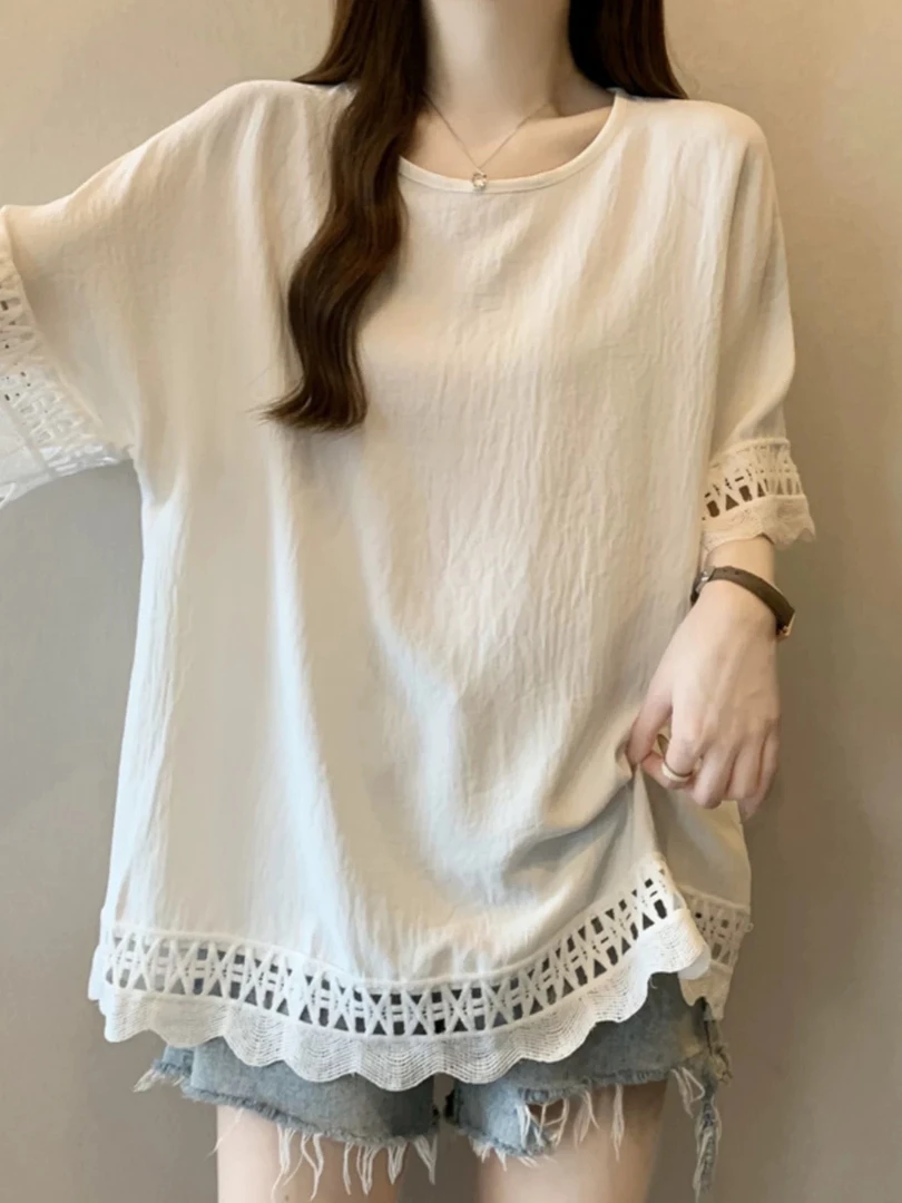 2501-3新款纯棉花边儿个性半袖显瘦休闲百搭宽松圆领韩版洋气时尚