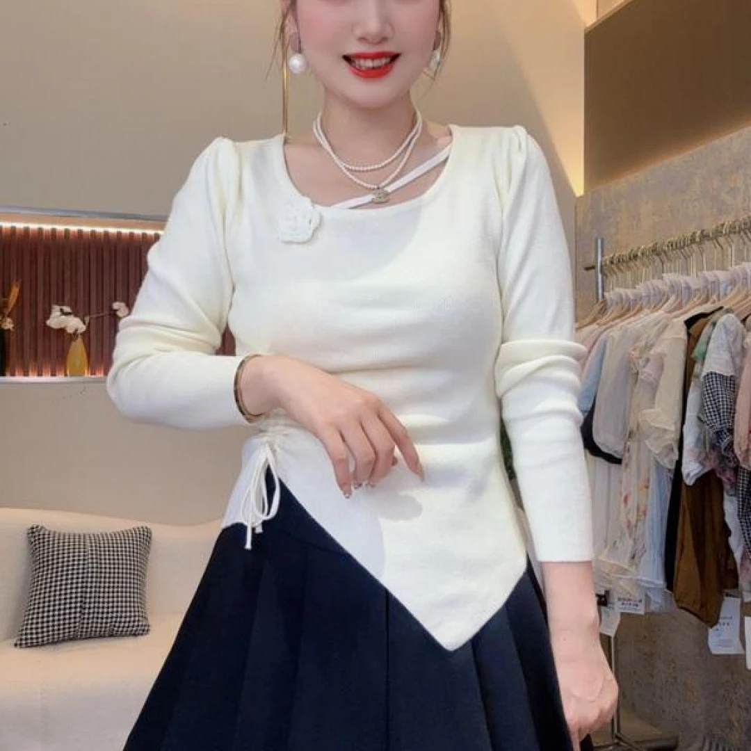 法式纯欲风别致抽绳不规则立体玫瑰花针织衫女秋冬设计感上衣打底