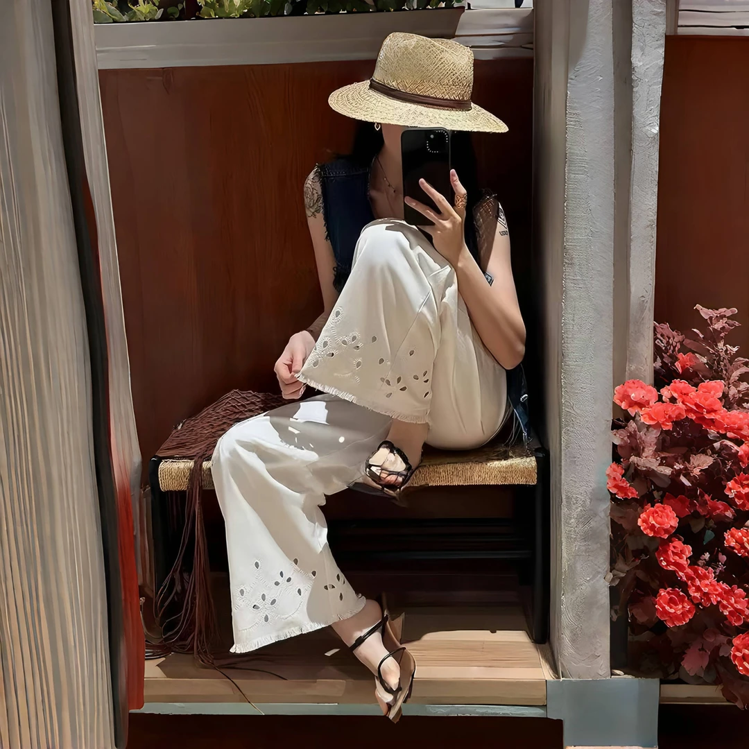 【裤博汇】18531镂空白牛夏季慵懒风小众设计高腰直筒牛仔裤