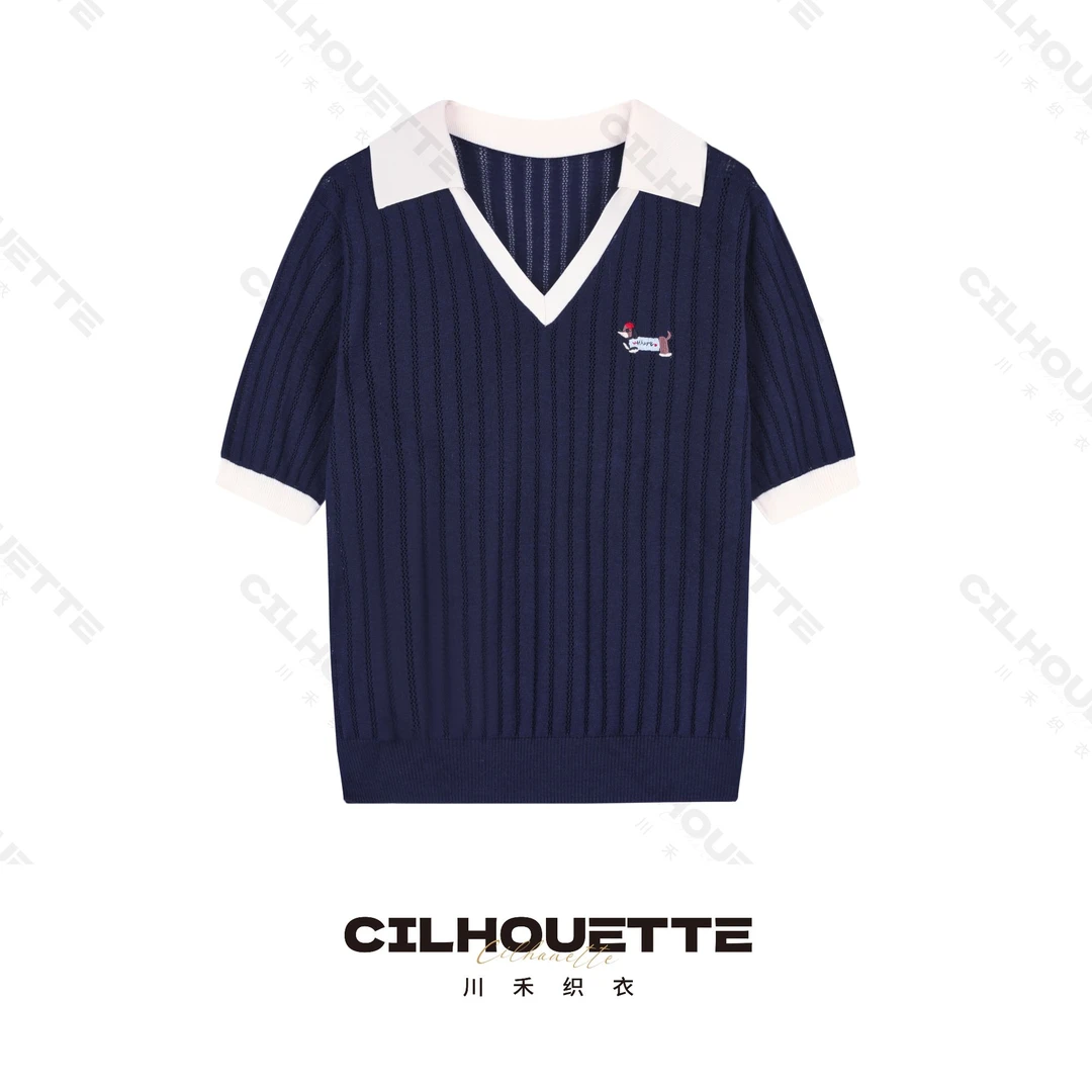 川禾织衣 刺绣狗撞色V领坑条翻领天丝桑蚕丝短袖针织T恤薄款透气