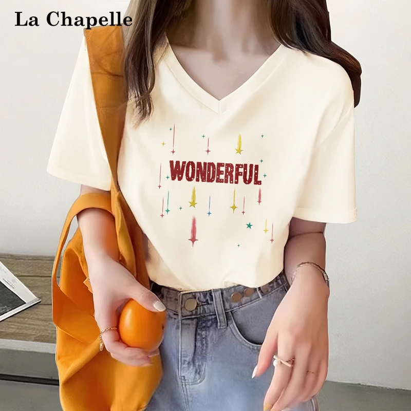 拉夏贝尔韩系V领显瘦正肩短袖T恤女夏季2025新款小个子百搭上衣潮