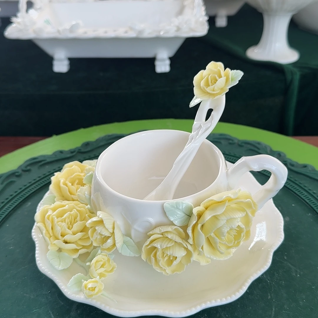 牡丹花咖啡杯碟加勺子