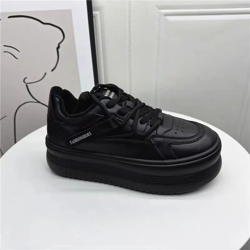 胡冬季女鞋系带休闲厚底松糕底加绒运动板鞋韩版秋季788-3黑色