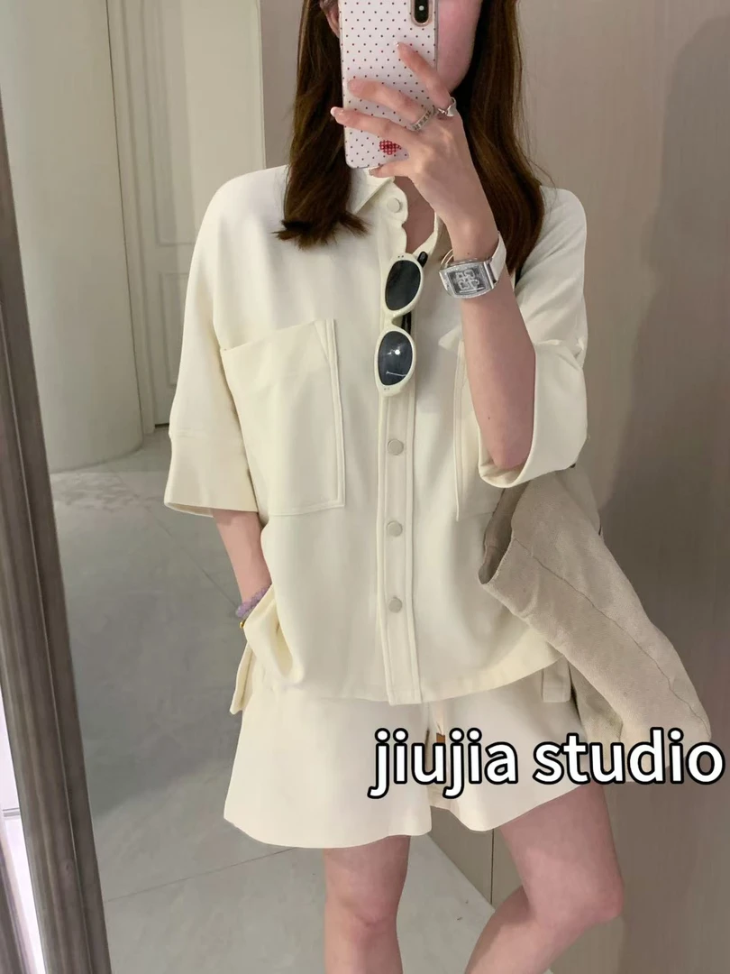 九佳 短袖衬衫百搭休闲运动显瘦时尚洋气翻领上衣套装