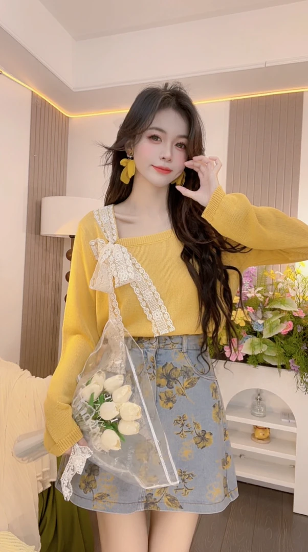 氛围感方领拼接蕾丝长袖显瘦百搭秋款宽松纯色气质时尚休闲法式