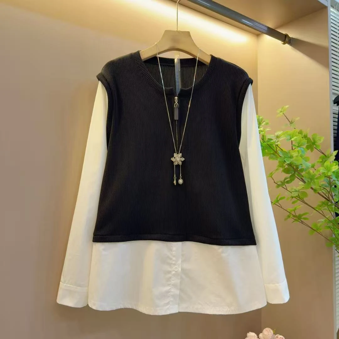 气质新款韩版圆领时尚拼接拉链设计百搭简约上衣（长69左右）