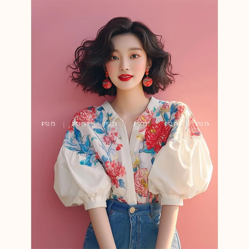 哥弟阿玛施正品独特漂亮小衫淑女气质法式小上衣泡泡无袖女士衬衫