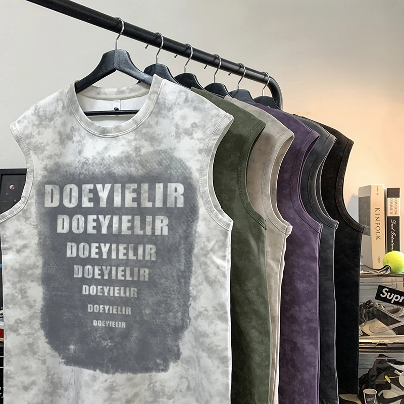 夏季休闲上衣美式复古背心男款潮牌坎肩宽松外穿无袖t恤百搭潮流