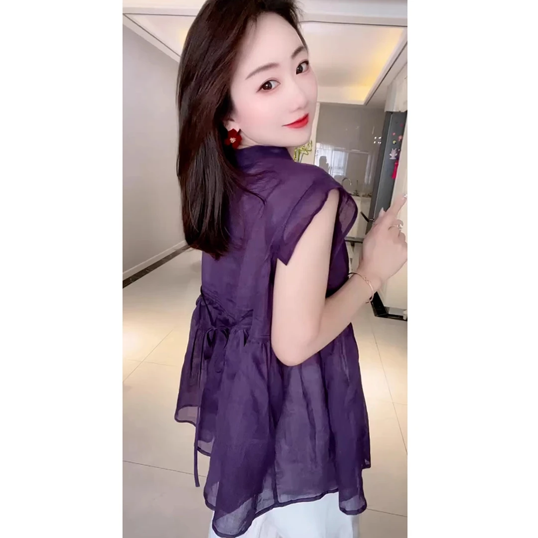 韩系chic洋气减龄高级感超好看薄款上衣气质别致紫色掐腰衬衫女夏