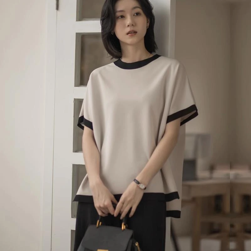 2025夏季新款韩版气质撞色短袖T恤女宽松百搭休闲小众设计感上衣