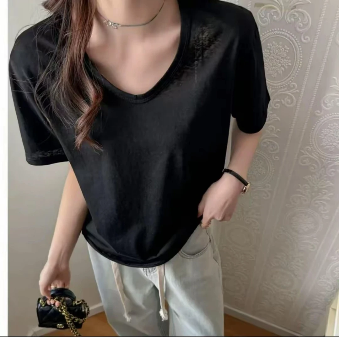 (现货运费险+雪花棉）高级感V领宽松正肩打底衫短袖t恤女夏季上衣