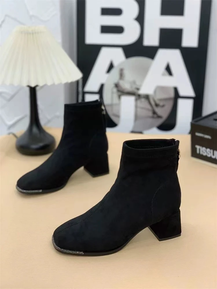 秋冬新款韩版通勤瘦瘦简约粗跟裸靴短靴DJ-006(加绒)