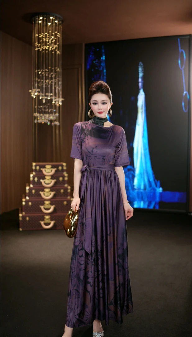 (娴儿)-显瘦轻奢长款时尚复古优雅法式设计师连衣裙D2782