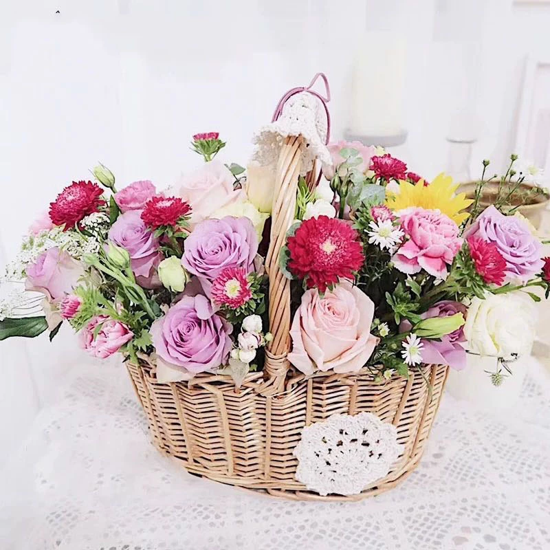 花篮藤编手提篮子椭圆柳编绣花插花花篮工艺收纳篮子蕾丝编织鲜花