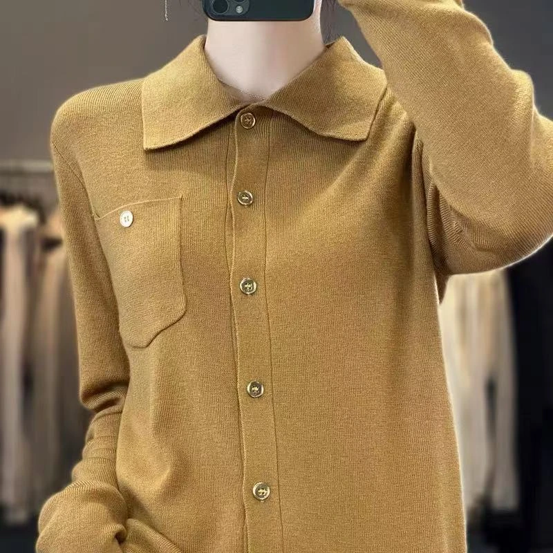 优雅清新POLO领精纺针织开衫女宽松翻领外搭衬衫薄款毛衣