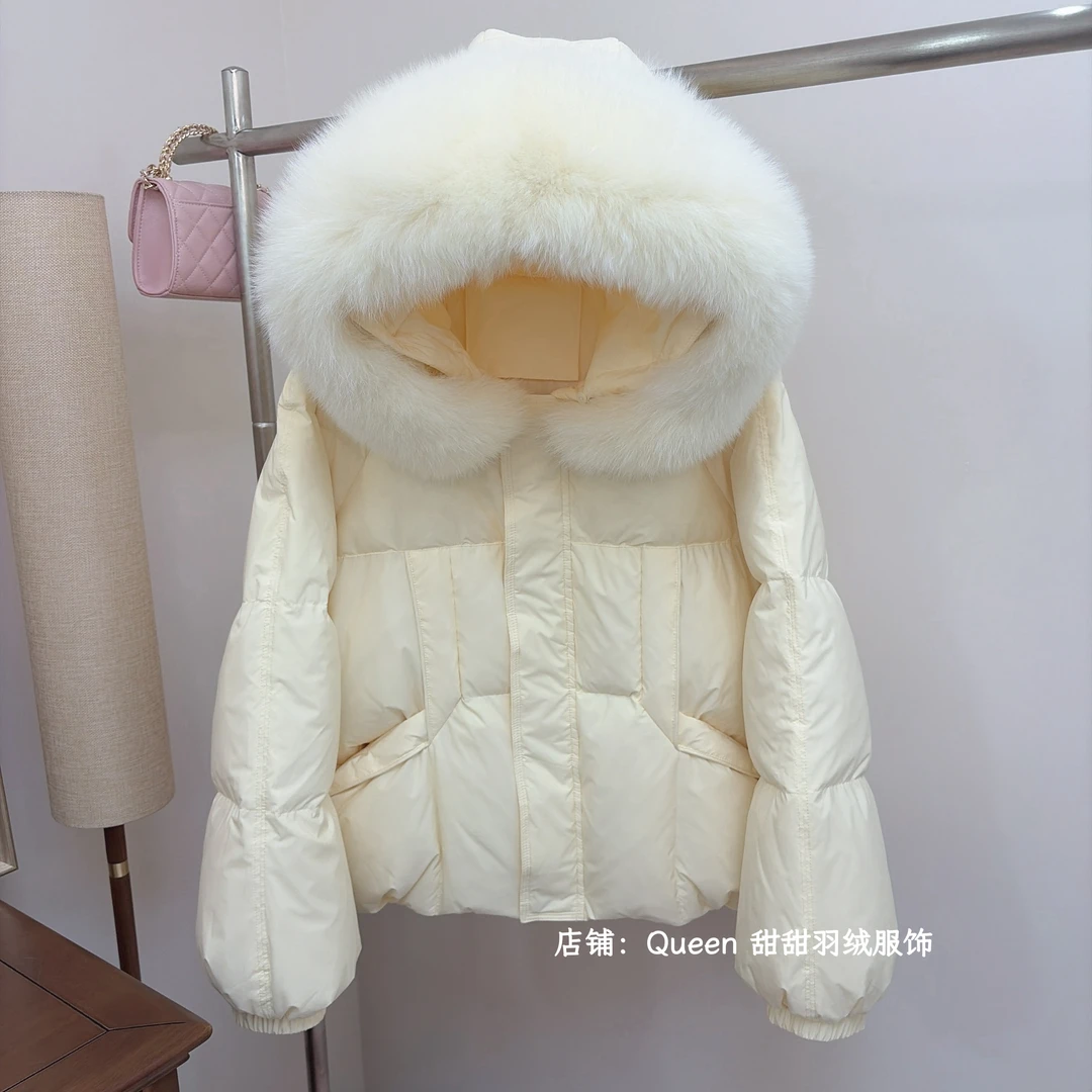 【暖洋洋】短款90白鸭绒羽绒服女款真狐狸毛领小个子微宽松加厚