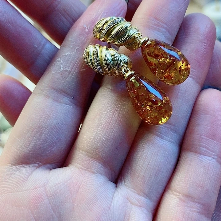 琥珀（花珀）未镶嵌发饰花珀耳坠